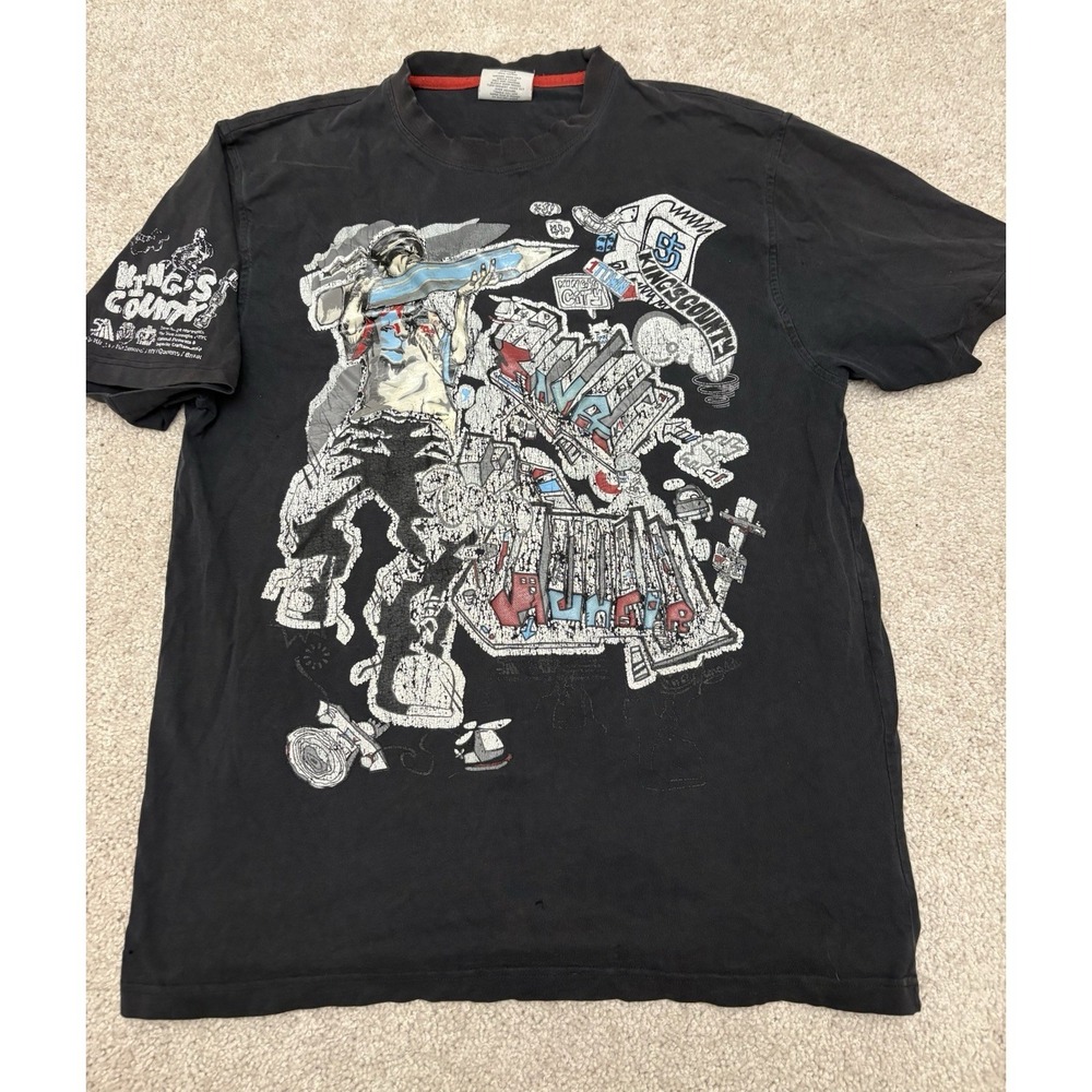 VTG Y2k 5ive Jungle Graphic T Shirt Black Distressed Faded Size XL